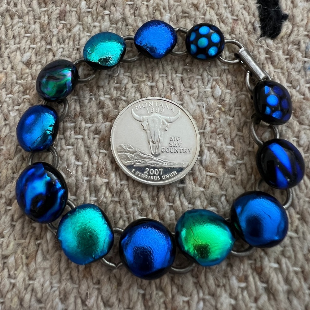 ❤️ Vintage Old Dichroic Glass Cabochon Sterling Silver Sz 7.5 Bracelet 30.1Gm - Picture 9 of 12
